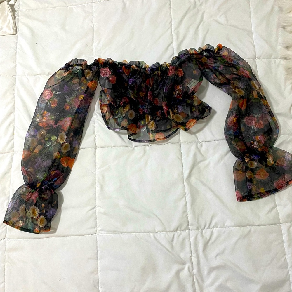 Never worn floral mesh crop top off shoulders